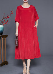 French Red Wrinkled Tie Waist Linen Long Dresses Summer