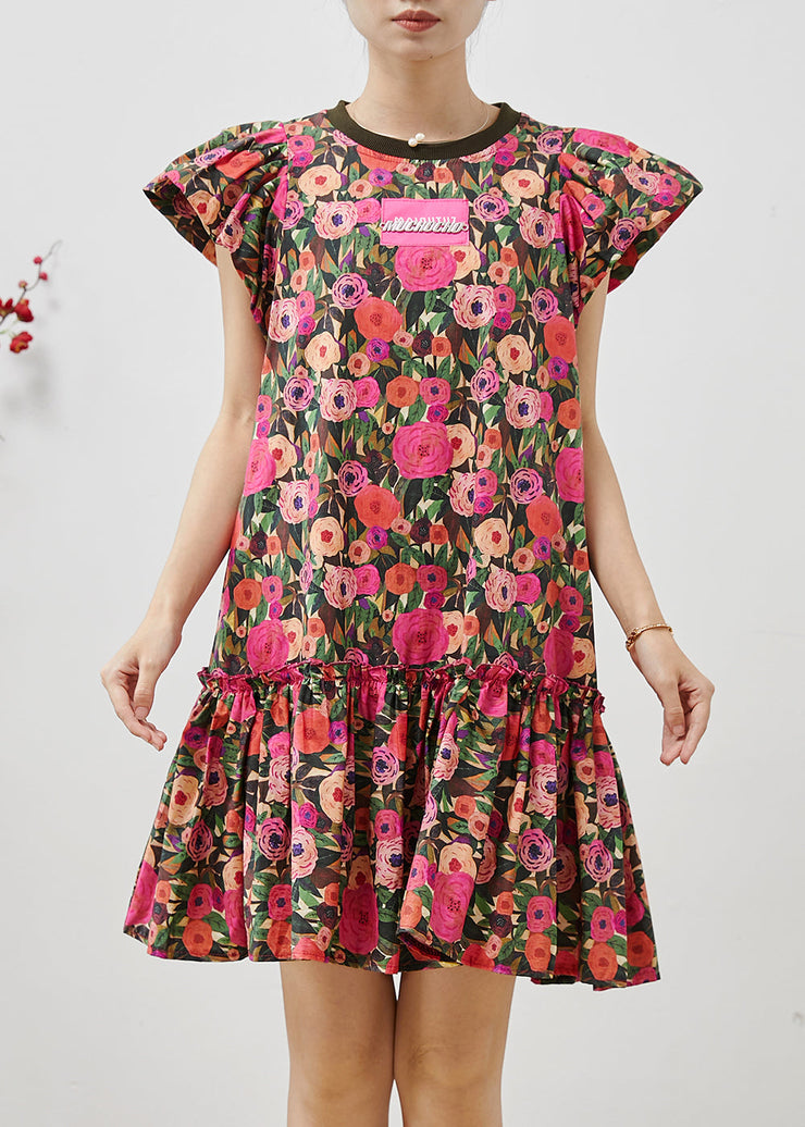 French Rose Floral Cotton Mini Dresses Petal Sleeve