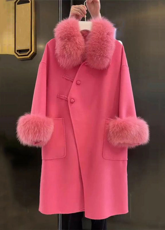 French Rose Fur Collar Button Pockets Woolen Coat Spring