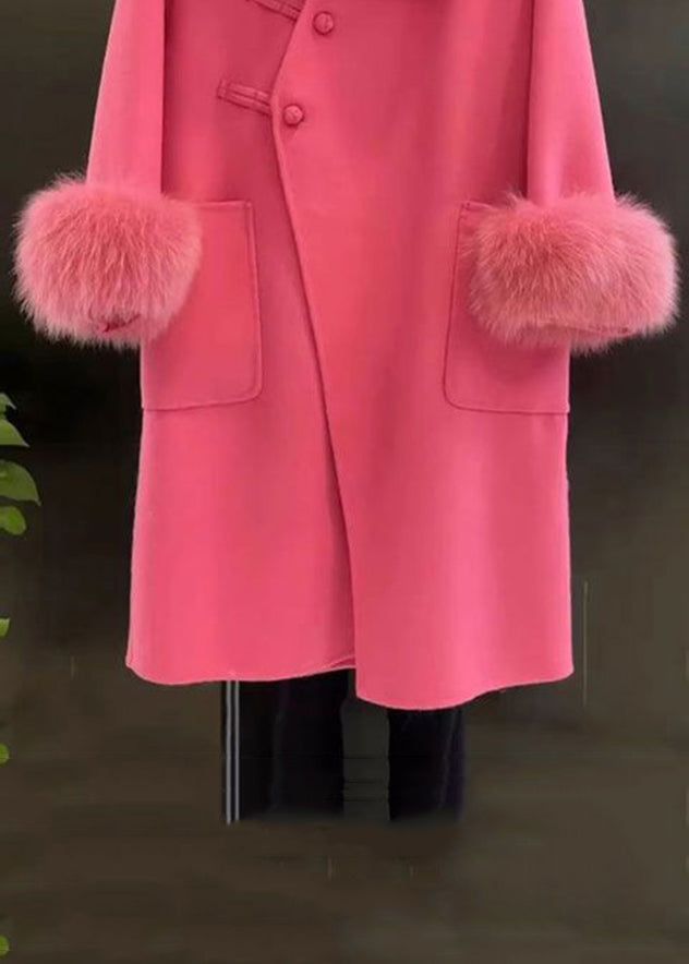 French Rose Fur Collar Button Pockets Woolen Coat Spring