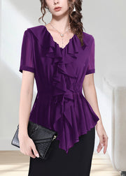 French Rose Ruffled Tie Waist Chiffon Tops Short Sleeve