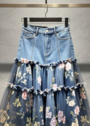 French Ruffled Patchwork Print Tulle Denim Skirt Fall