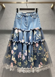 French Ruffled Patchwork Print Tulle Denim Skirt Fall