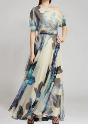 French Sky Blue Asymmetrical Print Chiffon Long Dresses Summer