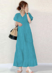 French Sky Blue V Neck Hollow Out Embroideried Cotton A Line Dress Summer