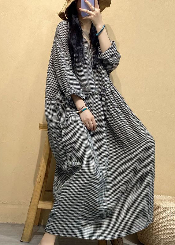 French Small Plaid V Neck Linen Long Dresses Fall