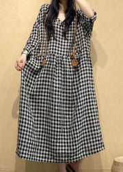 French Small Plaid V Neck Linen Long Dresses Fall