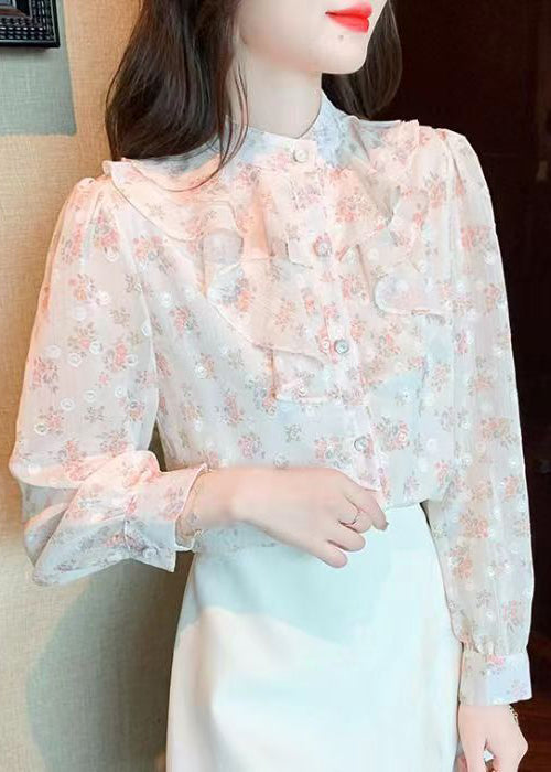 French Stand Collar Ruffled Print Chiffon Shirt Top Summer