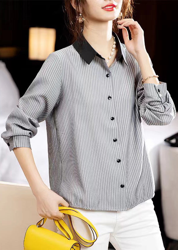 French Striped Peter Pan Collar Button Cotton Shirts Fall