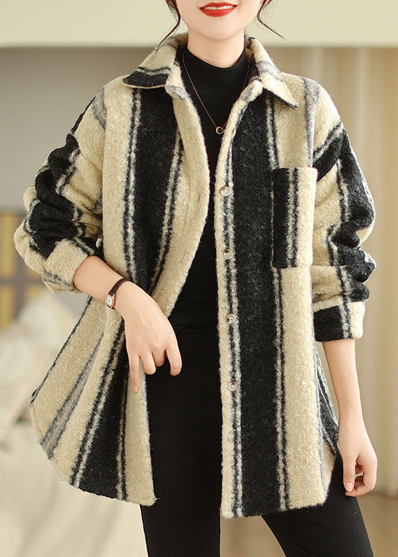 French Striped Peter Pan Collar Button Woolen Coat Long Sleeve