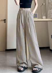 French Striped Pockets Elastic Waist Cotton Pants Summer