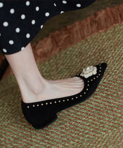 French Suede Floral Nail Bead Splicing Flat Shoes Pointed Toe