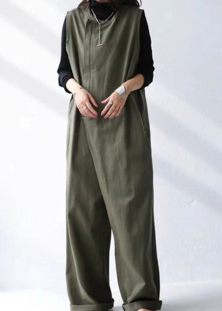 French Tea Green Patchwork Cotton Wide Leg Jumpsuit Summer