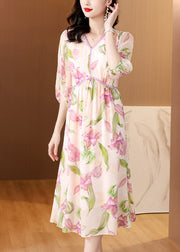 French V Neck Print Silk Dresses Lantern Sleeve