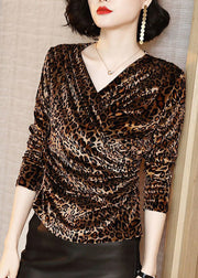 French V Neck Print Silk Velour Top Long Sleeve