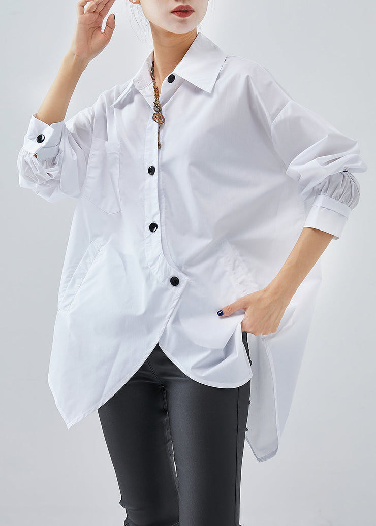 French White Asymmetrical Design Cotton Shirts Fall