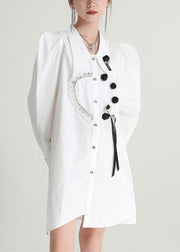 French White Asymmetrical Patchwork Applique Cotton Long Shirts Fall