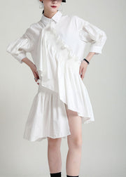 French White Asymmetrical Patchwork Ruffles Cotton Shirt Dress Lantern Sleeve