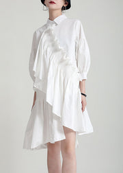 French White Asymmetrical Patchwork Ruffles Cotton Shirt Dress Lantern Sleeve