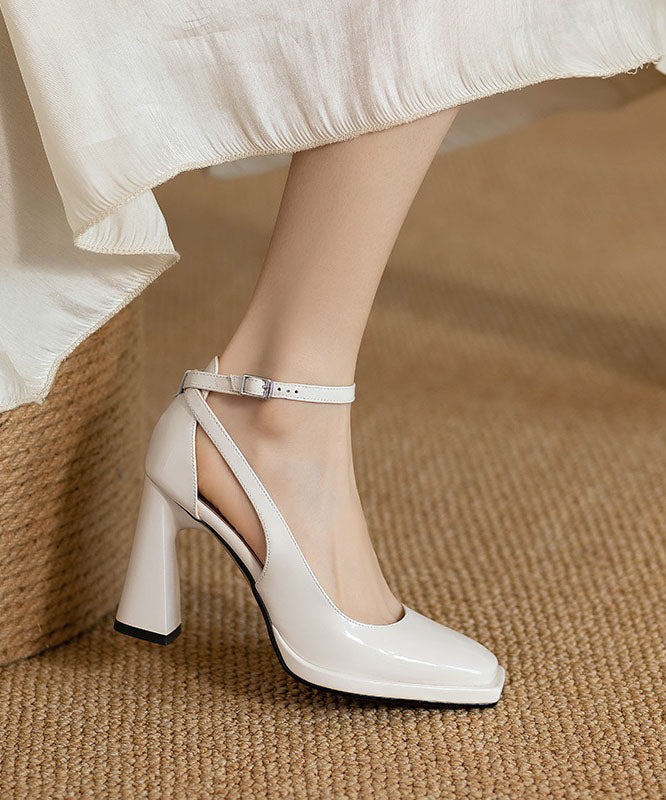 French White Buckle Strap Splicing Hollow Out Chunky High Heels