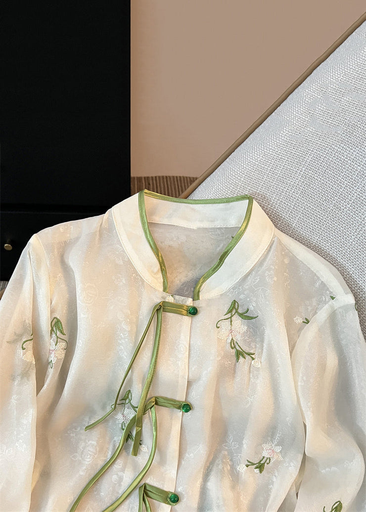 French White Chinese Button Embroidered Chiffon Shirt Long Sleeve