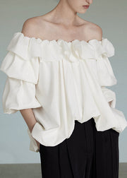 French White Cold Shoulder Ruffled Patchwork Tops Lantern Sleeve