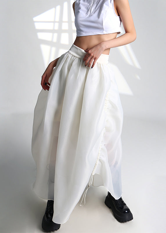 French White Drawstring High Waist Tulle Skirt Summer