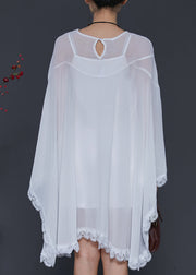 French White Embroidered Asymmetrical Chiffon UPF 50+ Shirt Summer