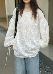 French White Embroideried Lace Up Patchwork Cotton Shirt Top Lantern Sleeve