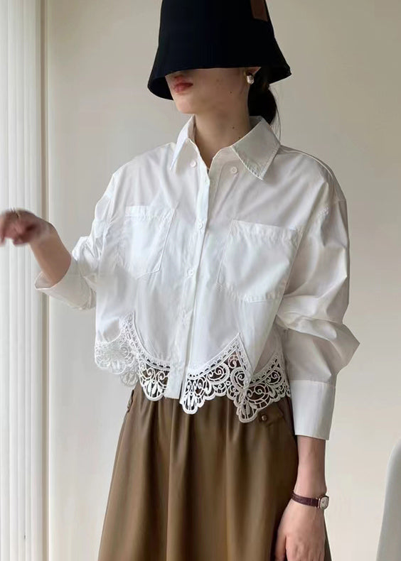 French White Hollow Out Embroideried Patchwork Cotton Shirt Top Fall