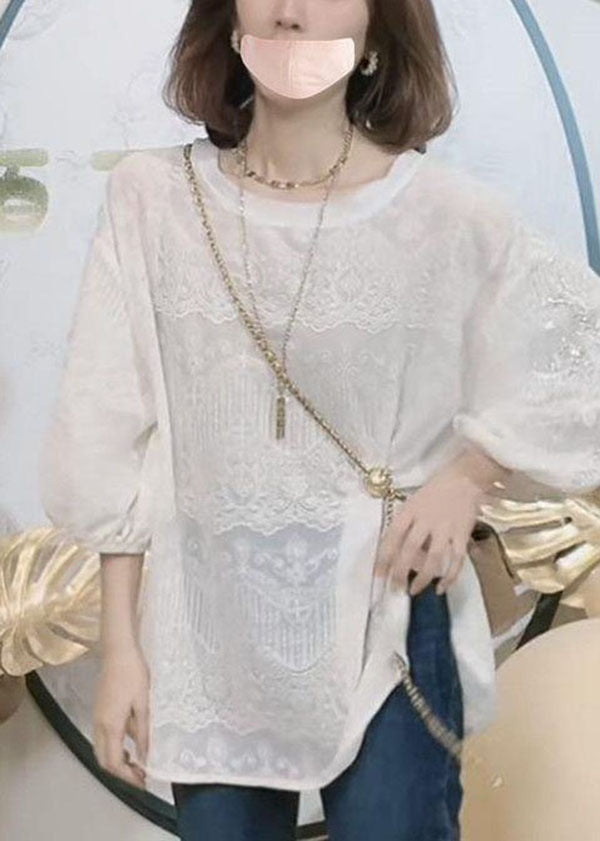 French White O-Neck Nail bead Embroideried Lace Shirt Top Bracelet Sleeve