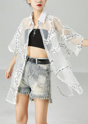 French White Oversized Letter Print Tulle UPF 50+ Coat Jacket Summer