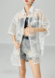 French White Oversized Letter Print Tulle UPF 50+ Coat Jacket Summer