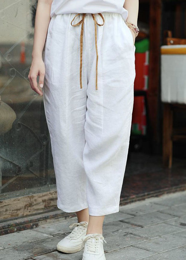 French White Pockets Patchwork Elastic Waist Cotton Straight Pants Summer