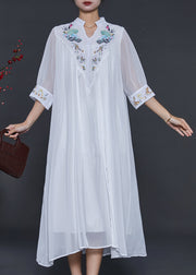 French White V Neck Embroidered Chiffon Dress Summer