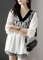 French White V Neck Knit Patchwork Cotton Fake Two Piece Shirt Top Half Sleeve