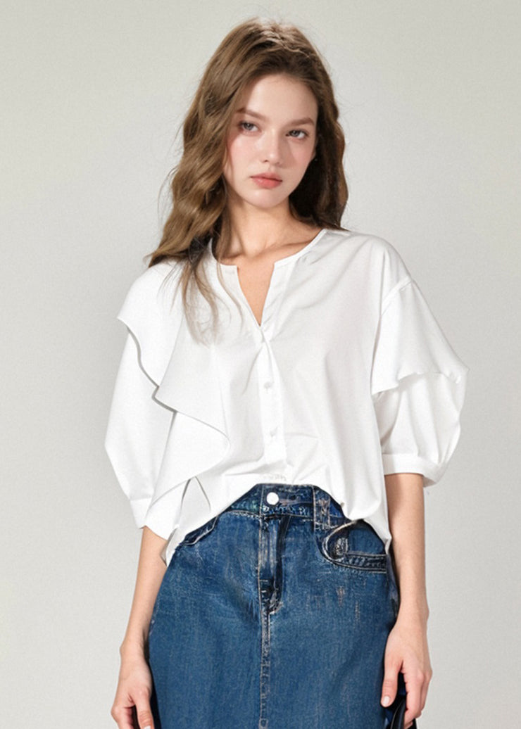 French White V Neck Ruffled Cotton Shirts Top Summer