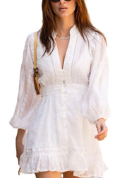 French White V Neck Ruffled Tie Waist Cotton Dress Fall