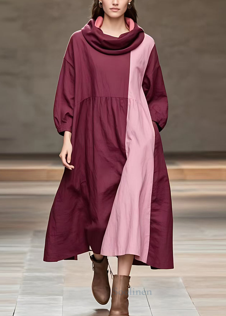 French Wine Red Pockets Patchwork Cotton Long Dress Long Sleeve