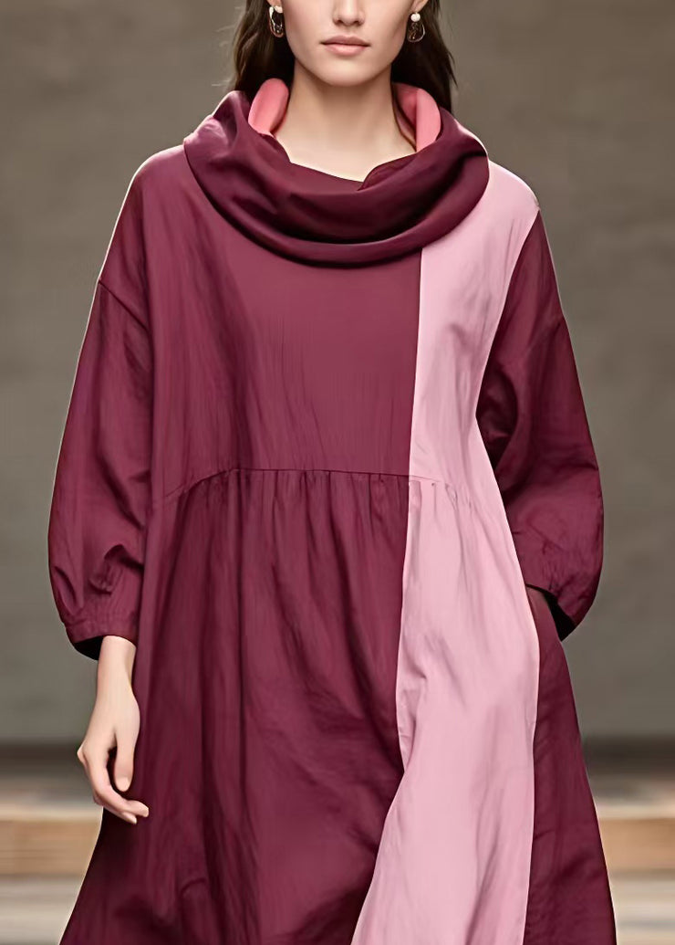 French Wine Red Pockets Patchwork Cotton Long Dress Long Sleeve