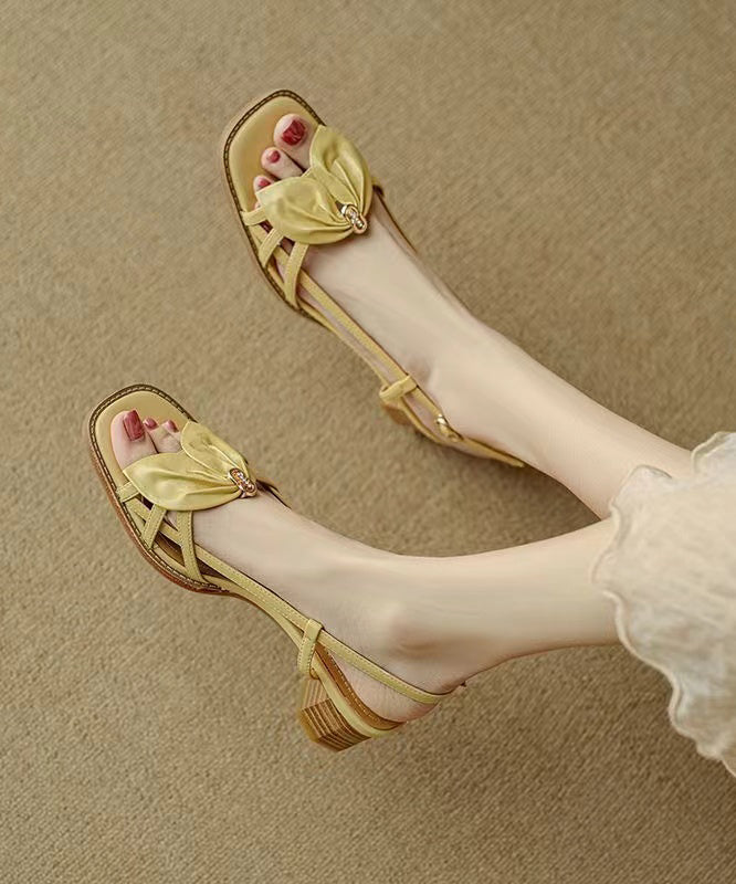 French Yellow Bow Hollow Out Chunky Sandals Peep Toe