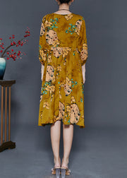 French Yellow Cinched Print Chiffon Dresses Summer