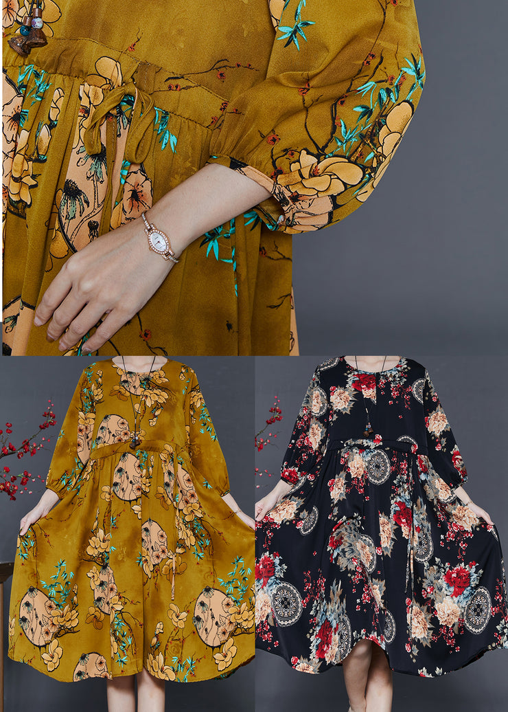 French Yellow Cinched Print Chiffon Dresses Summer