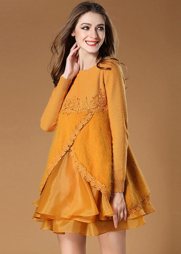 French Yellow Cross Connection Patchwork Organza Knit Dress Spring