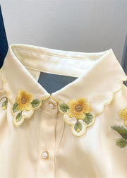 French Yellow Floral Embroideried Patchwork Silk Shirt Tops Spring