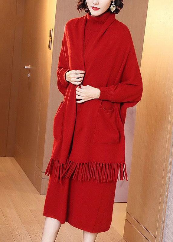 French Yellow High Neck Tassel Solid Color Knit Two-Piece Set Winter