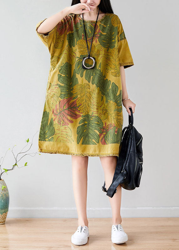 French Yellow O-Neck Oversized Print Cotton Vacation Dresses Short Sleeve