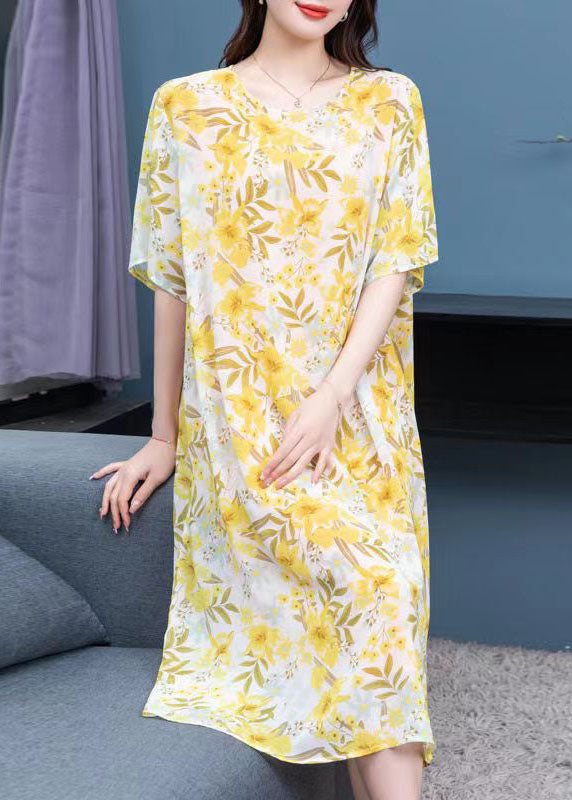 French Yellow O Neck Print Patchwork Chiffon Mid Dresses Summer