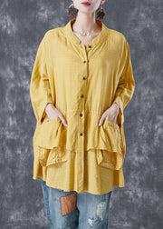 French Yellow Oversized Patchwork Linen Shirts Batwing Sleeve