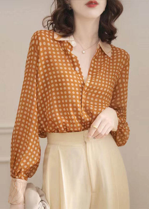 French Yellow Peter Pan Collar Dot Chiffon Blouse Spring